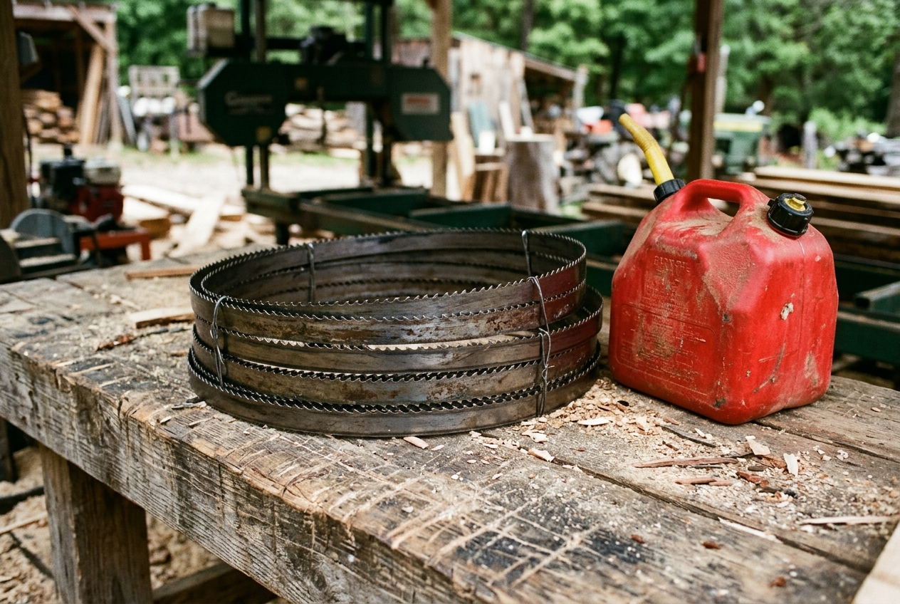 Coiled bandsaw sawmill blades stacked beside a fuel can, showing the ongoing running costs of milling