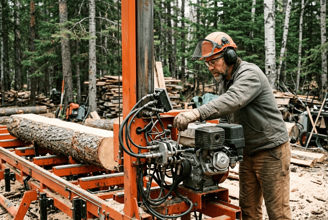 Sawmill operator performing a safety check on a portable sawmill