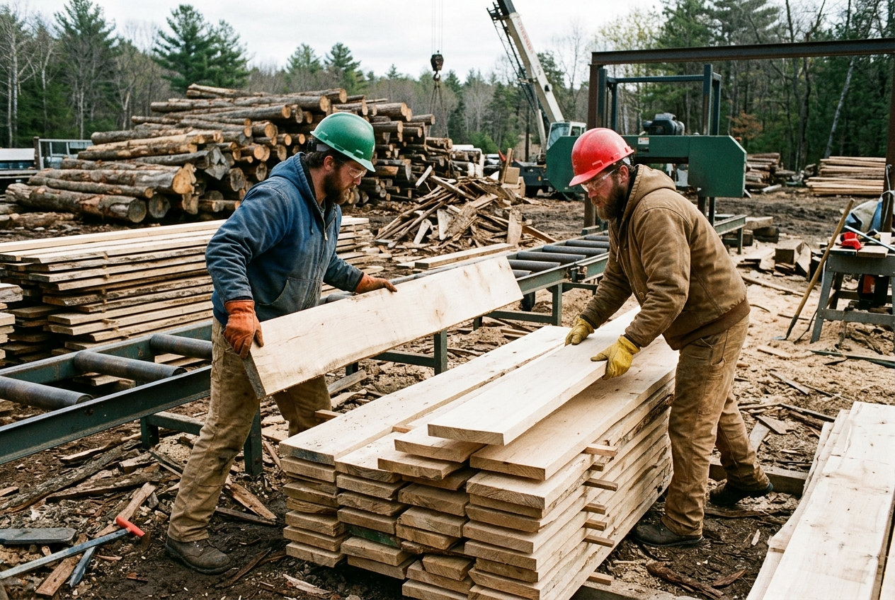 Two sawmill workers handling freshly milled hardwood boards