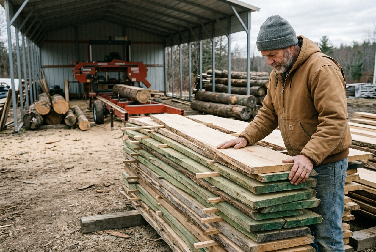 Sawmill operator inspecting freshly milled hardwood boards at a small sawmill