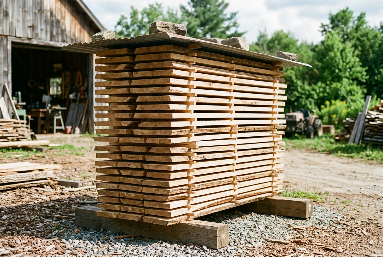 Freshly milled hardwood boards stacked and stickered to air-dry outdoors