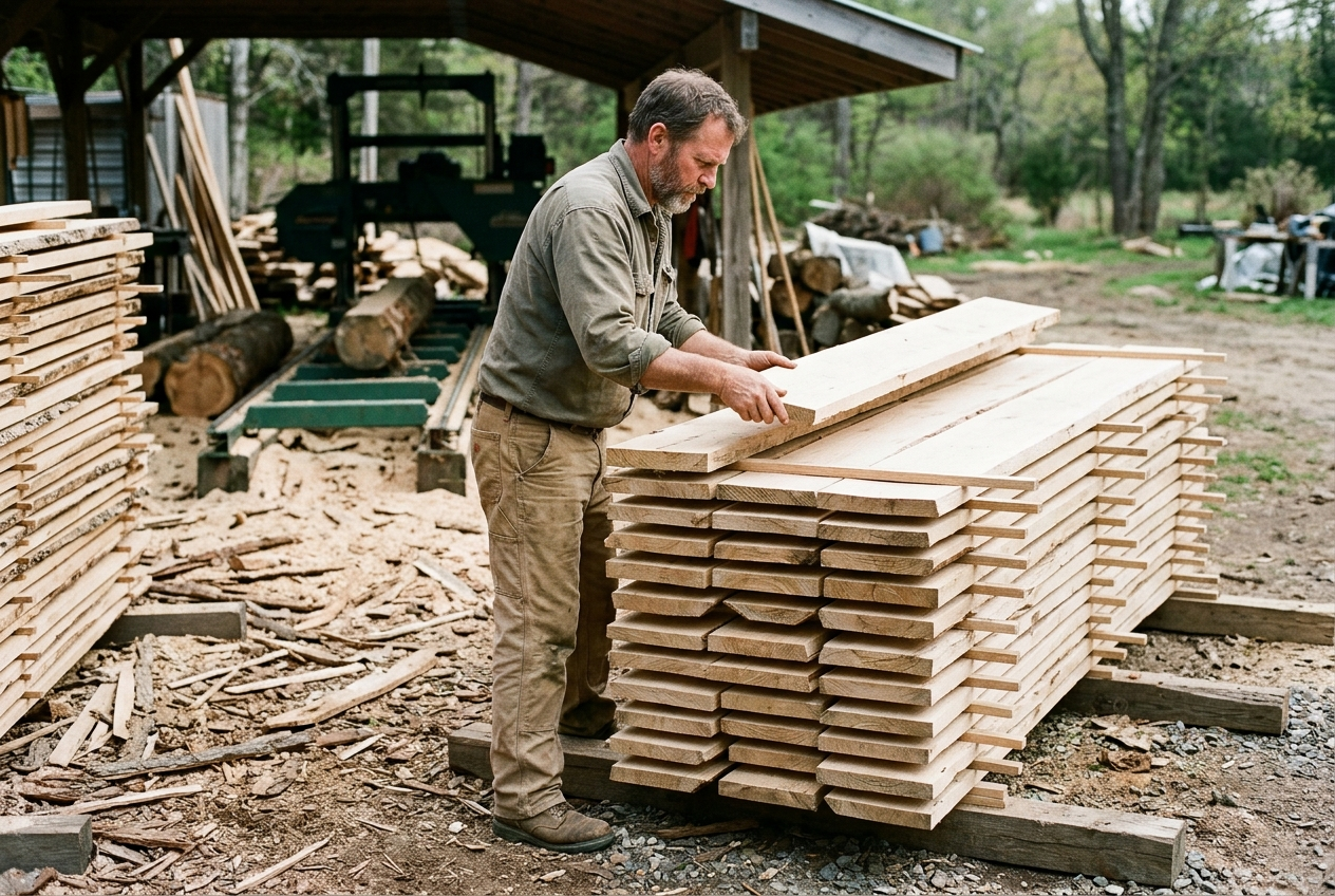 Sawmill operator stacking and stickering hardwood boards to dry