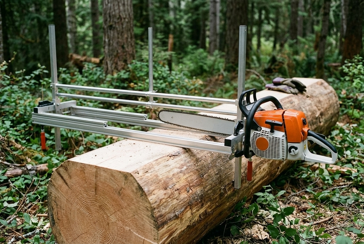 Stihl chainsaw fitted on an Alaskan chainsaw mill set up on a log for the first cut