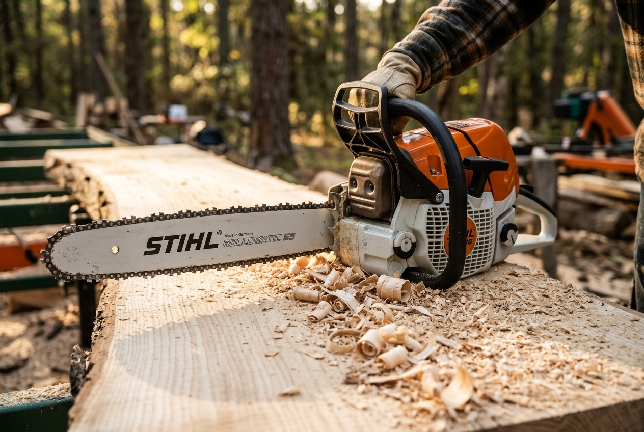 Stihl chainsaw resting on a freshly milled hardwood slab
