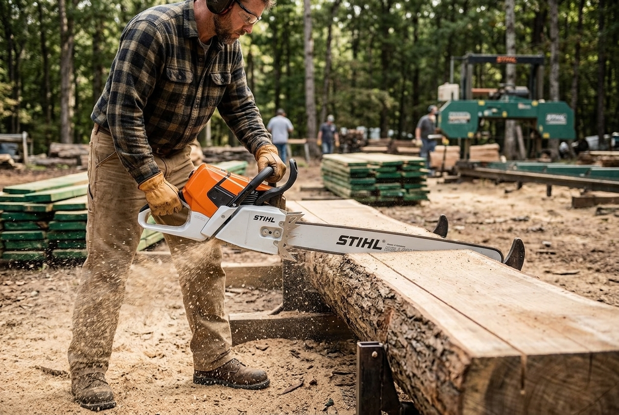 Operator milling a hardwood log with a Stihl chainsaw