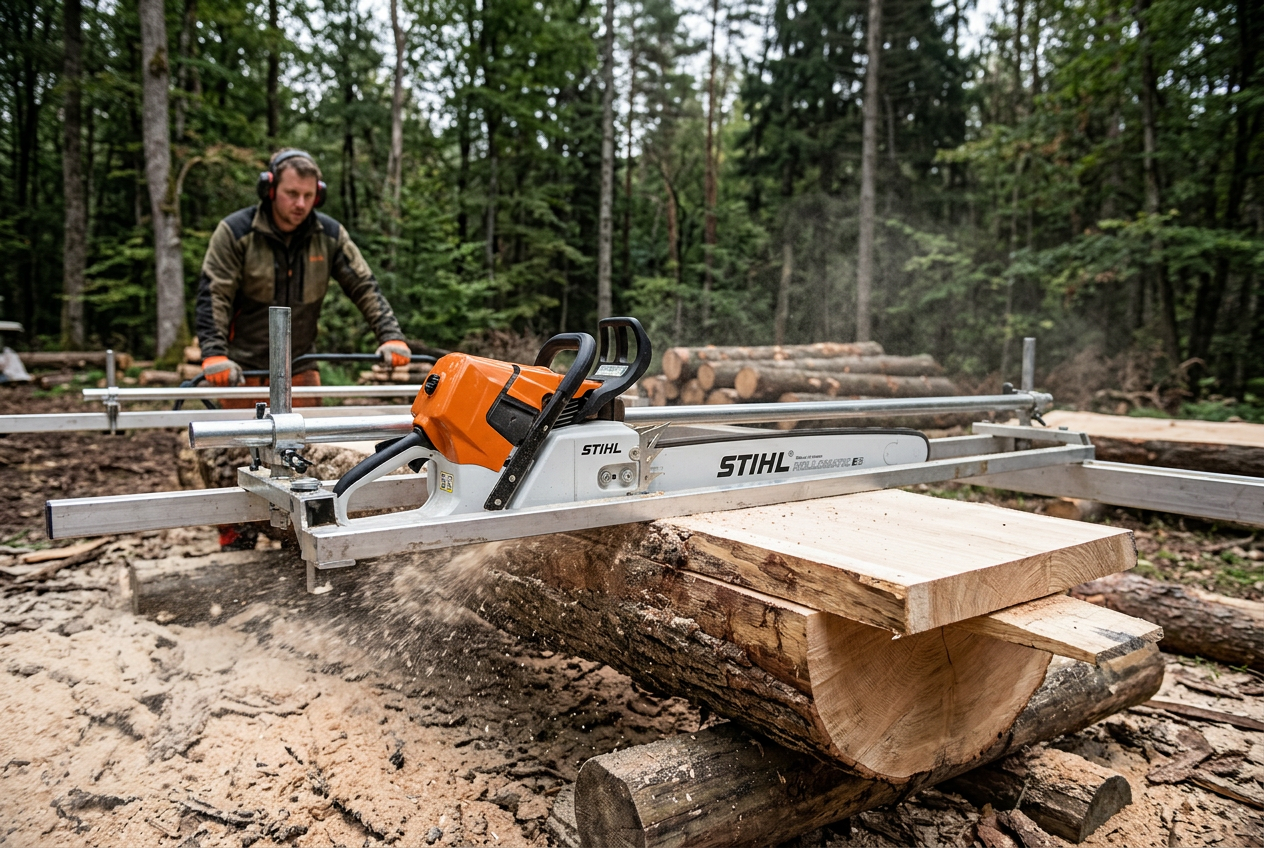 Stihl MS 661 C-M chainsaw on an Alaskan chainsaw mill cutting a hardwood slab