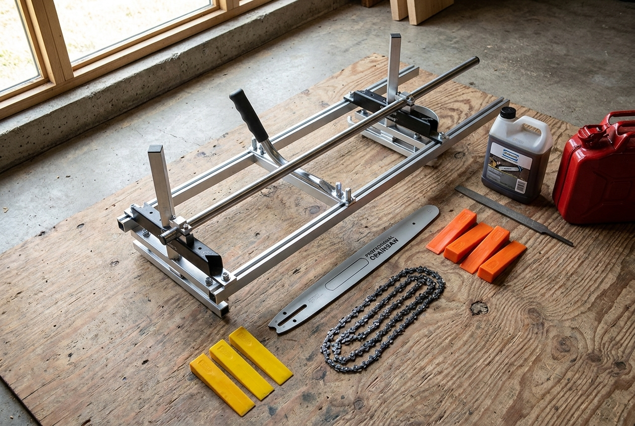 Complete Alaskan chainsaw mill kit laid out: mill frame, long bar, ripping chain, felling wedges, bar oil, and fuel can