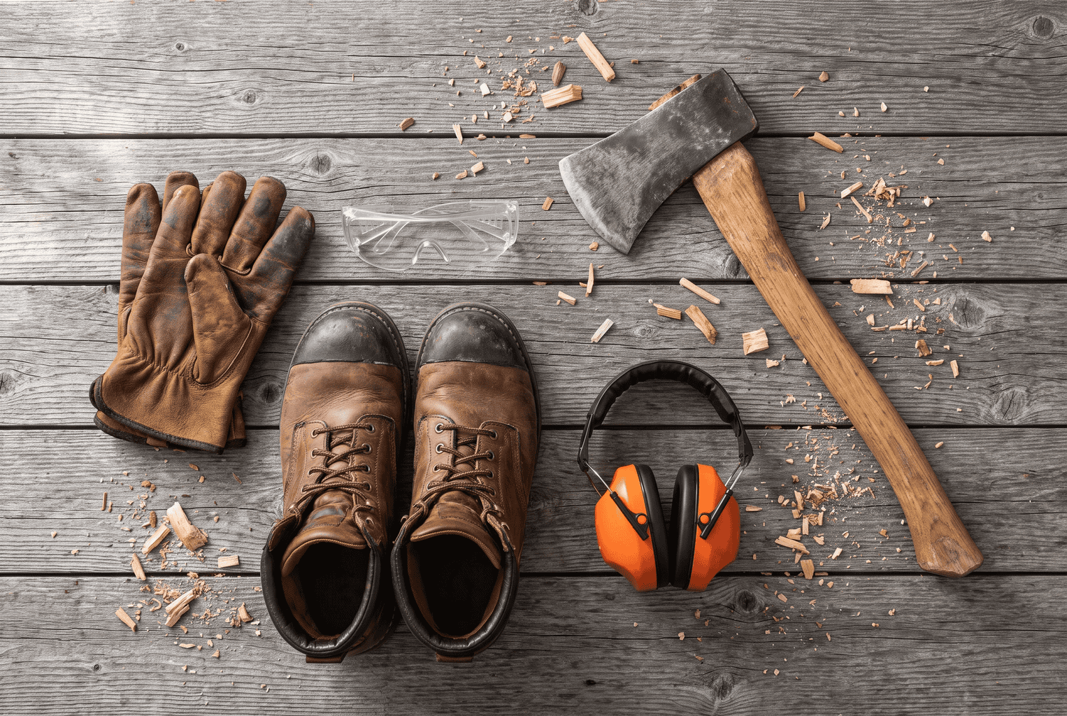 Axe safety gear laid out on barn wood: leather gloves, safety glasses, steel-toe boots and ear muffs beside a splitting axe