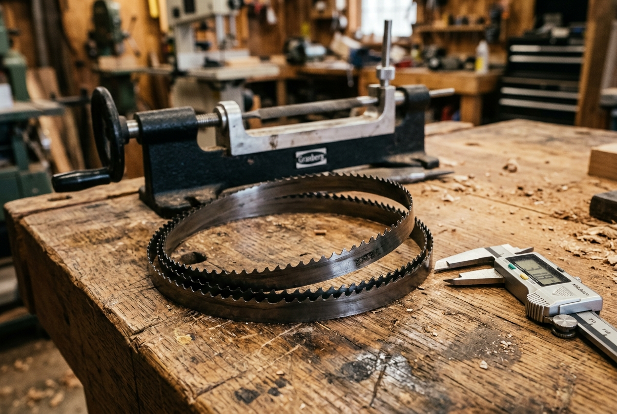 Coiled bandsaw mill blade on a workbench beside a sharpening jig and caliper