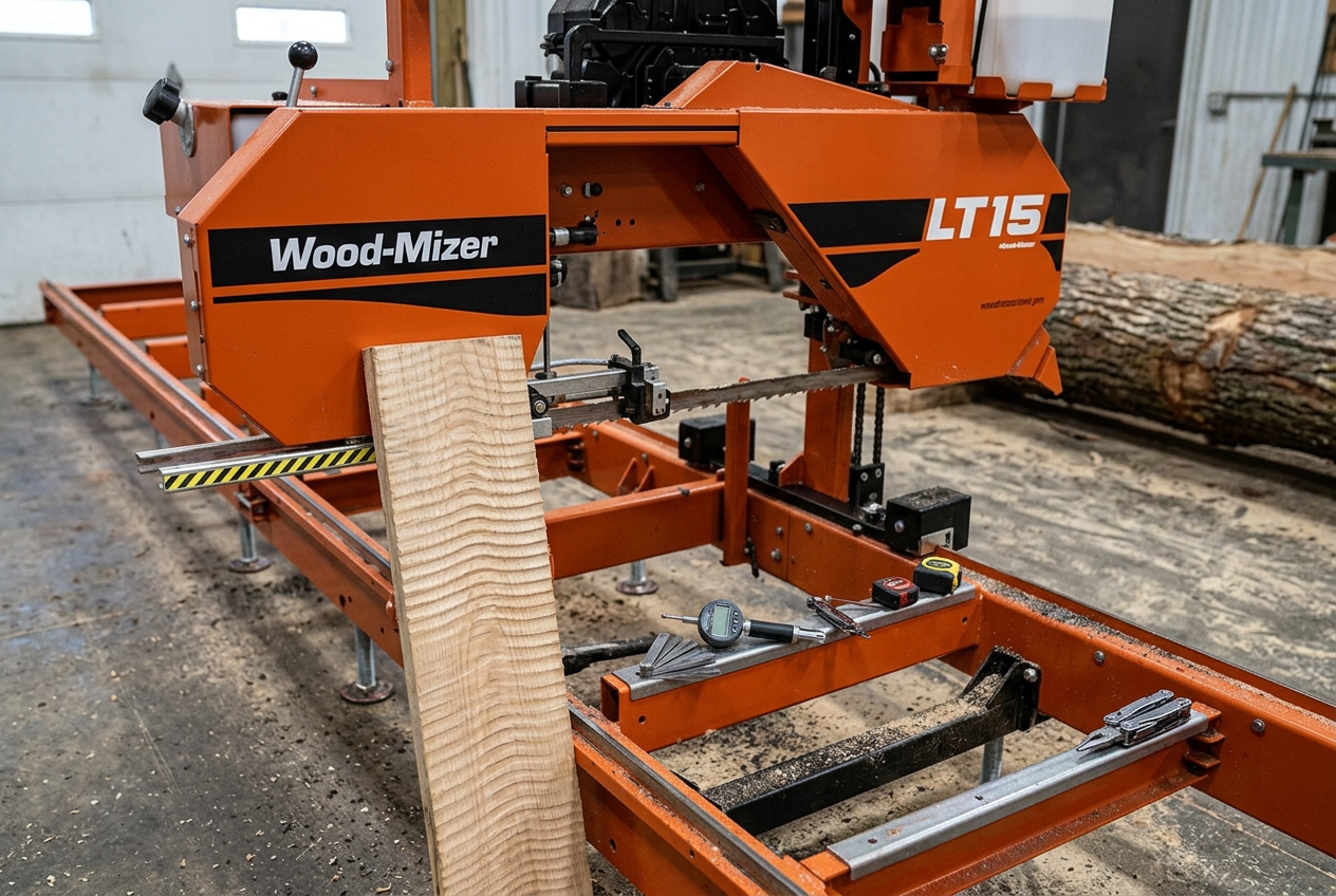 Wavy-cut board with washboard ripples leaning against a Wood-Mizer LT15 bandsaw mill during blade troubleshooting