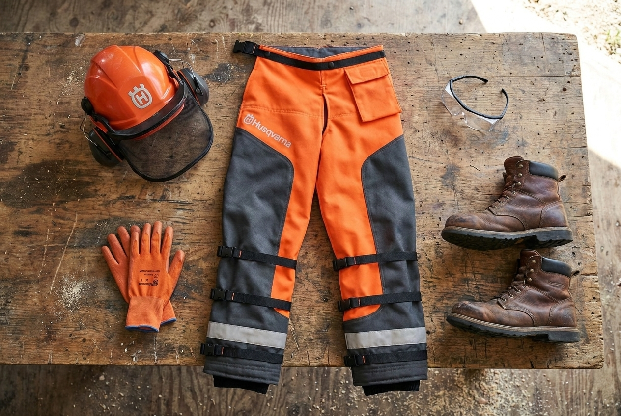 Chainsaw milling safety gear laid out: Husqvarna chaps, forestry helmet with face shield and earmuffs, gloves, safety glasses, and boots