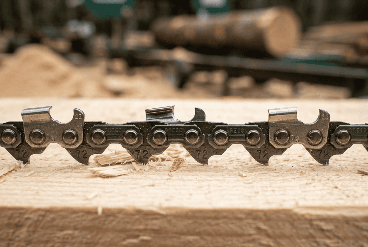 Oregon ripping chain cutter profile laid across a fresh-sawn board, showing the shallow ripping grind