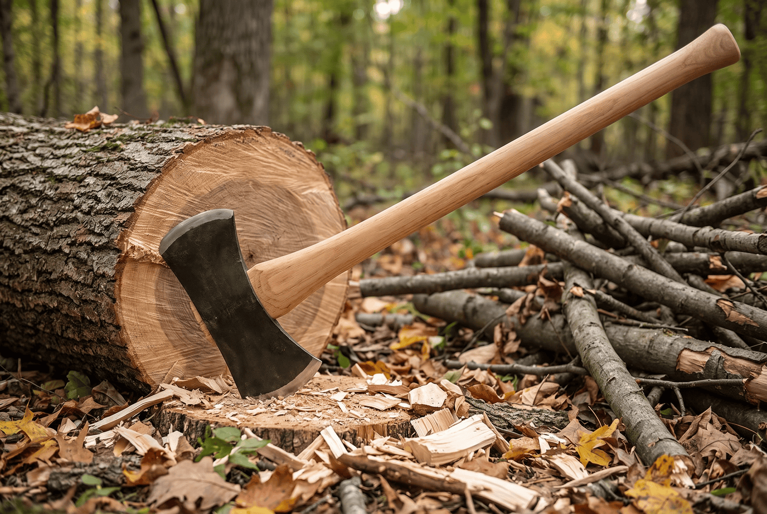 Michigan pattern double bit axe with two cutting edges sunk into the end of a felled hardwood log with trimmed limbs stacked behind it