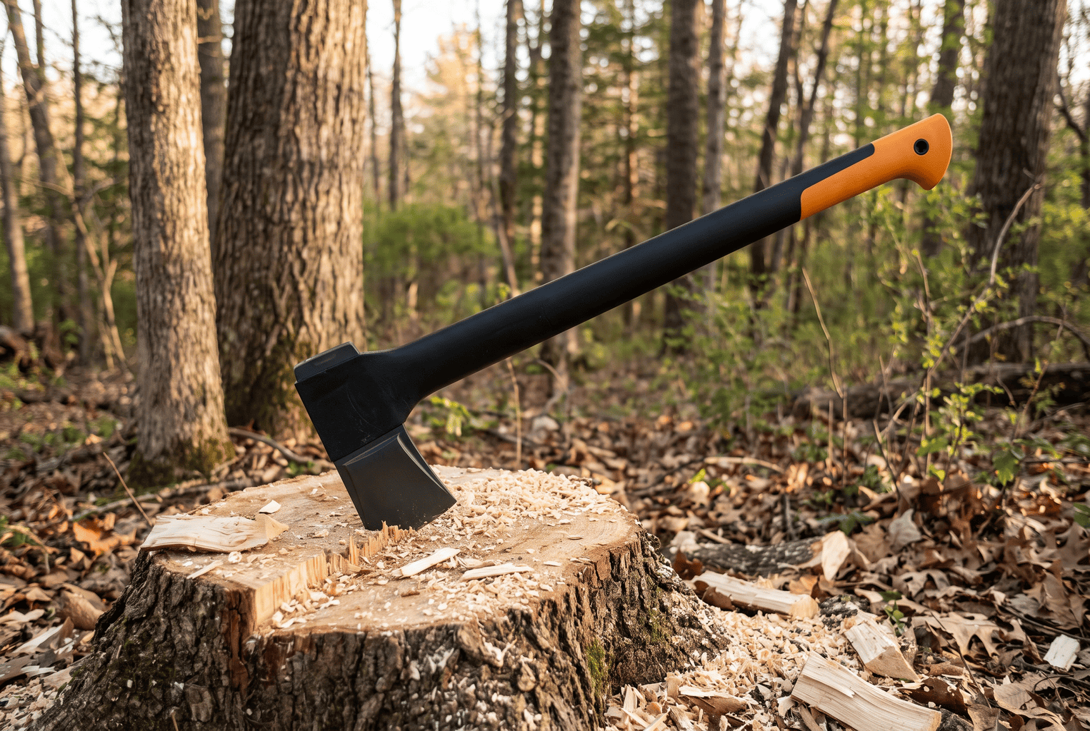 Modern 28-inch chopping axe with a black composite handle buried bit-first in a freshly cut hardwood stump in a woodlot