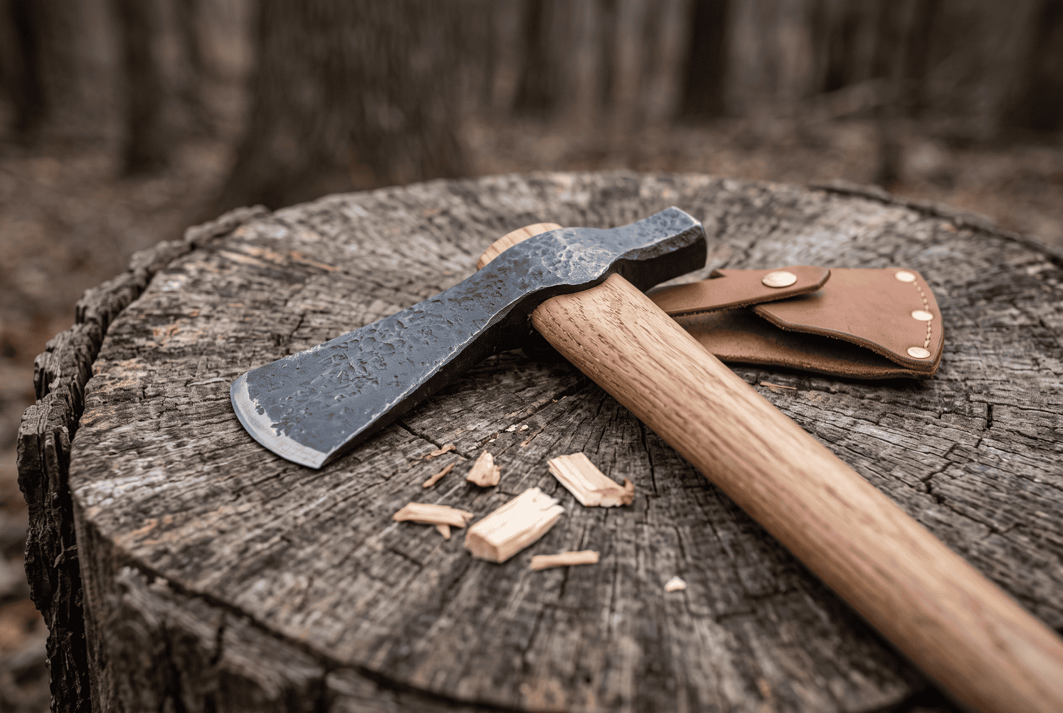 Drop-forged tomahawk with a hammer poll and hickory handle lying on a weathered oak stump beside its leather sheath