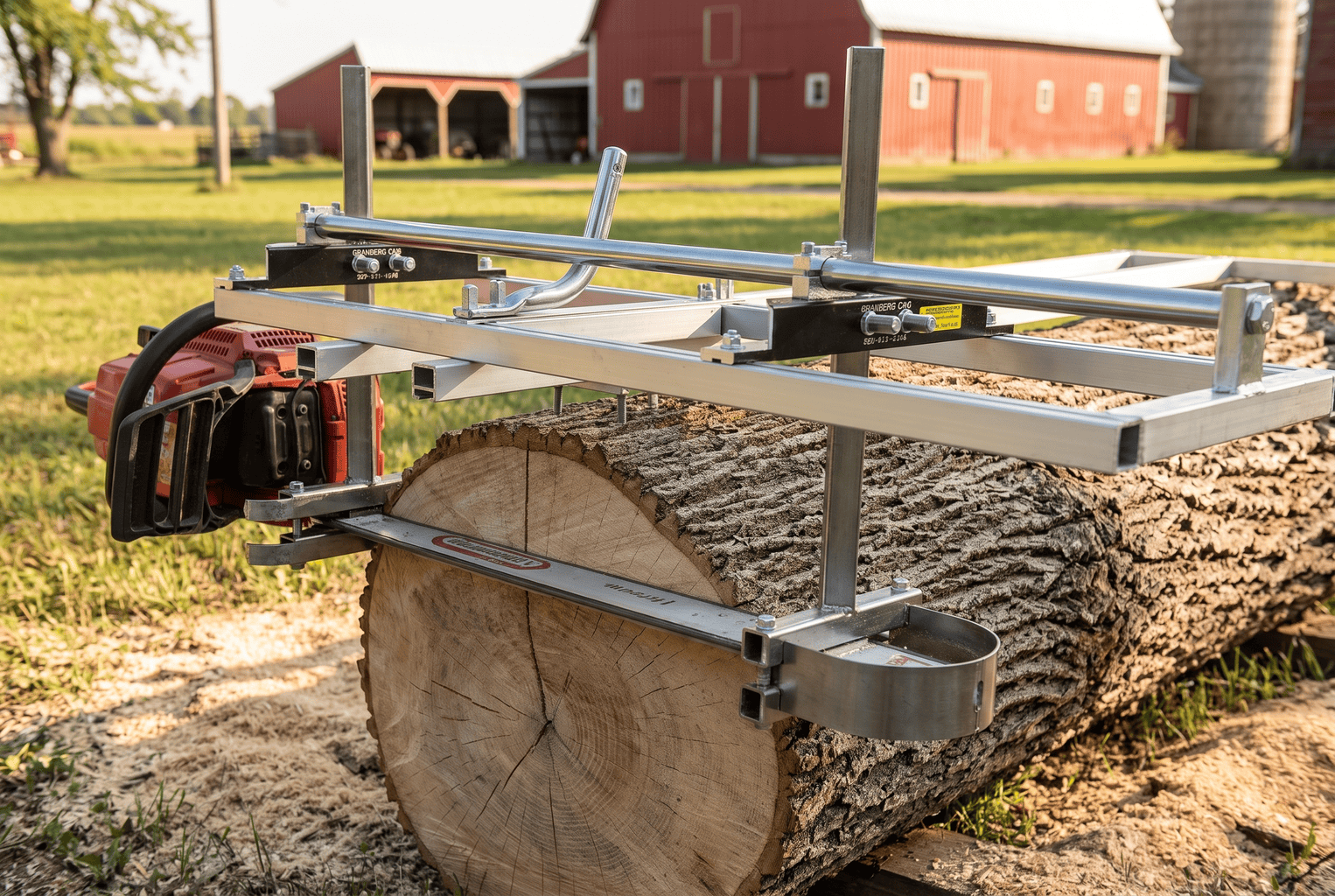 Granberg Alaskan MKIV chainsaw mill mid-cut on a large oak log, bar buried in the kerf with the rail frame riding the log top