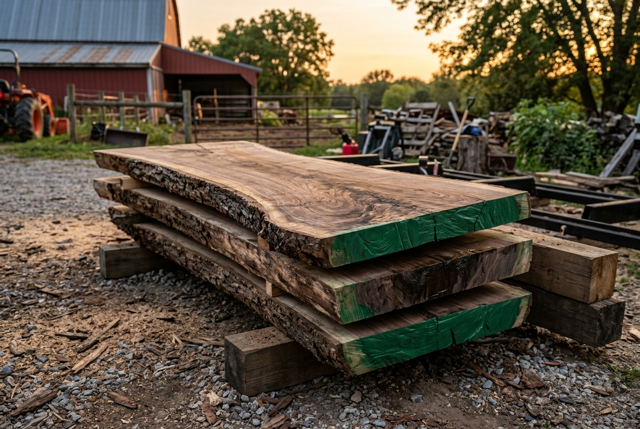 Stack of freshly milled live edge walnut slabs with green wax end sealer on a farm