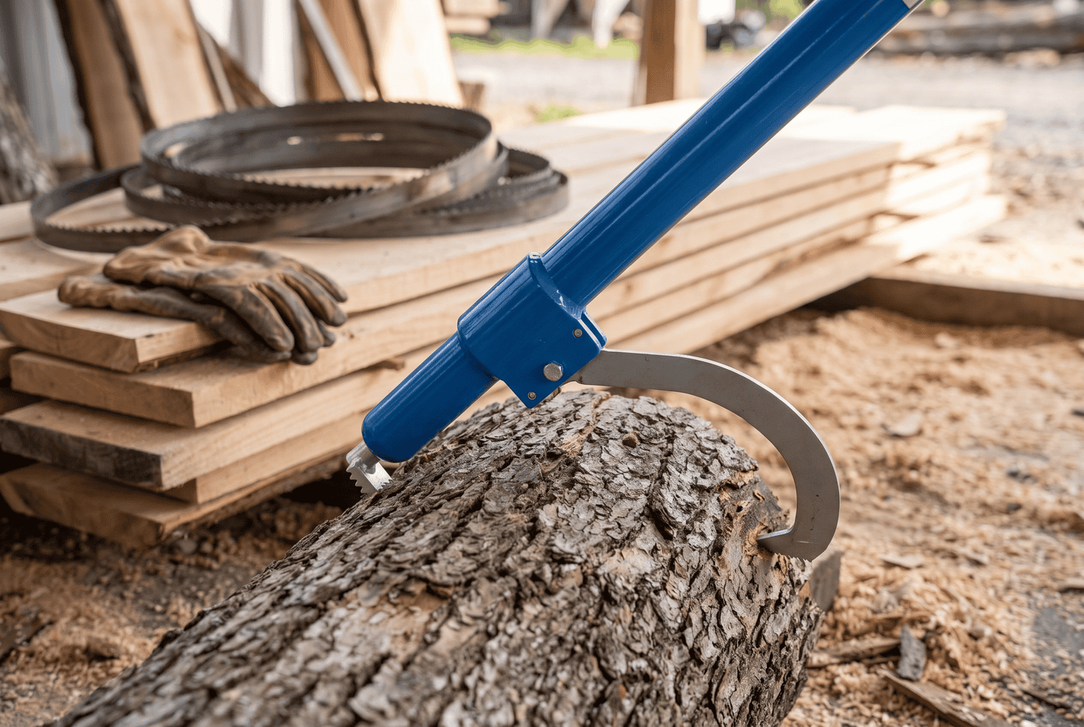 A 60-inch aluminum cant hook bitten into an oak log in a sawmill yard, hook and toothed foot gripping the log ready to roll it