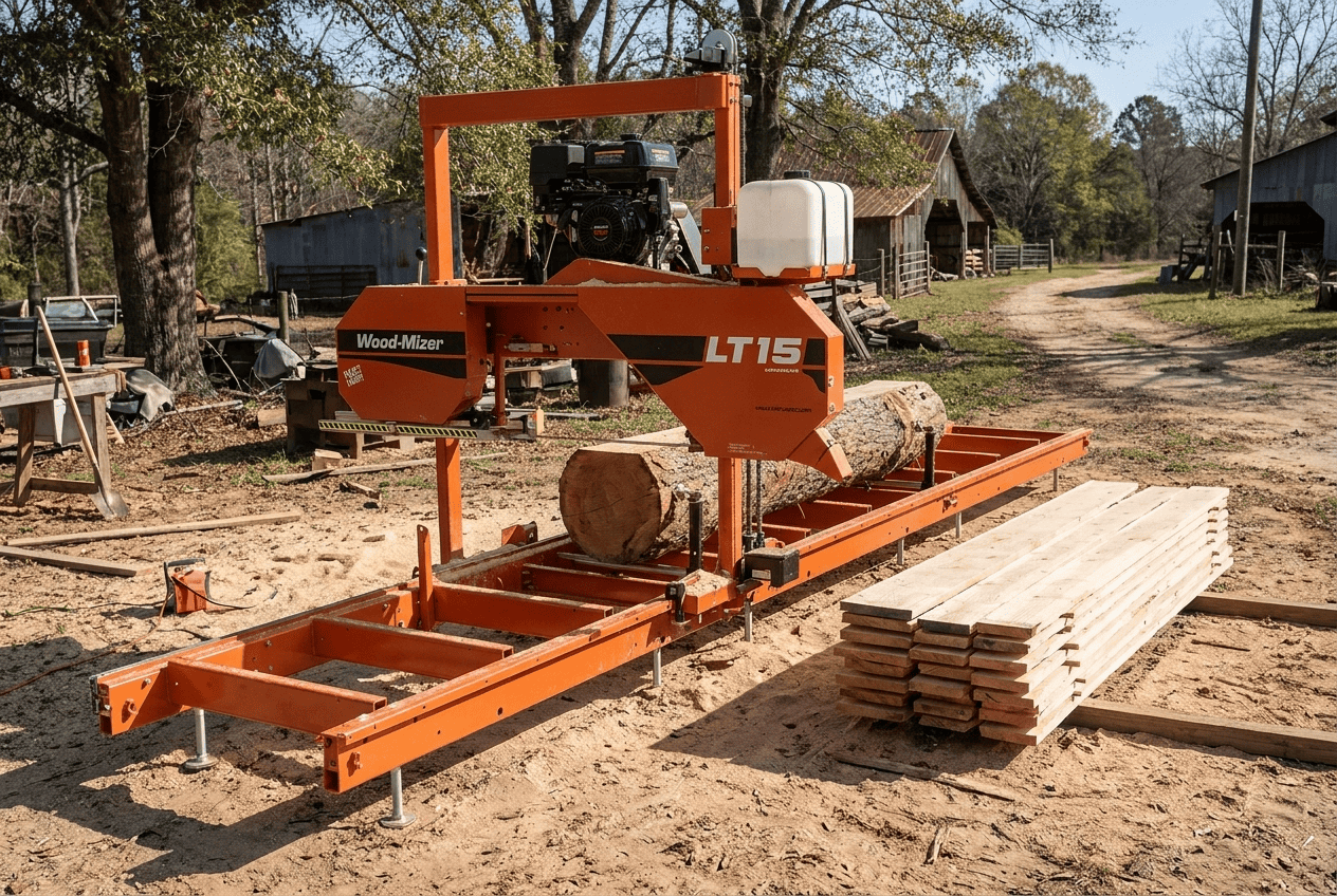 Wood-Mizer LT15 portable sawmill with a hardwood log loaded and a stack of fresh-sawn lumber beside it