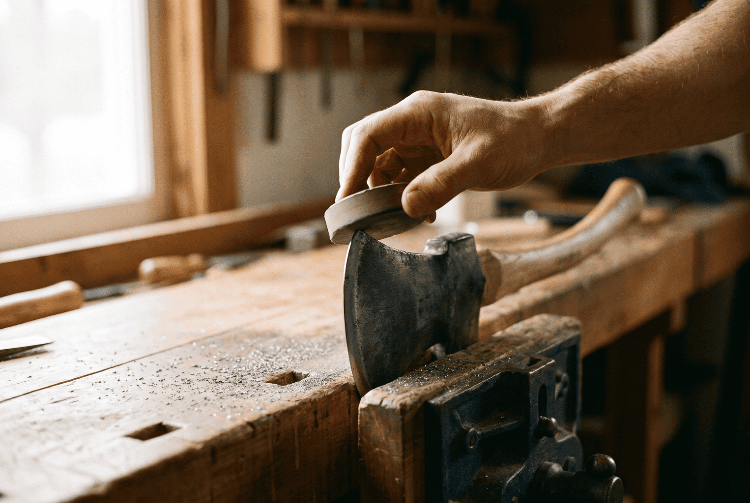Sharpening puck being drawn along the cutting edge of an axe head clamped bit-up in a bench vise