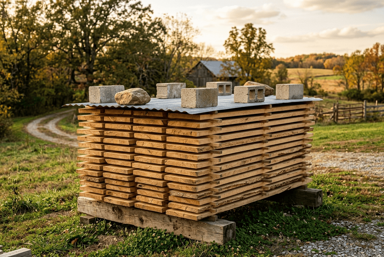 Stickered stack of fresh-milled oak boards air-drying on bunks under a weighted metal roof