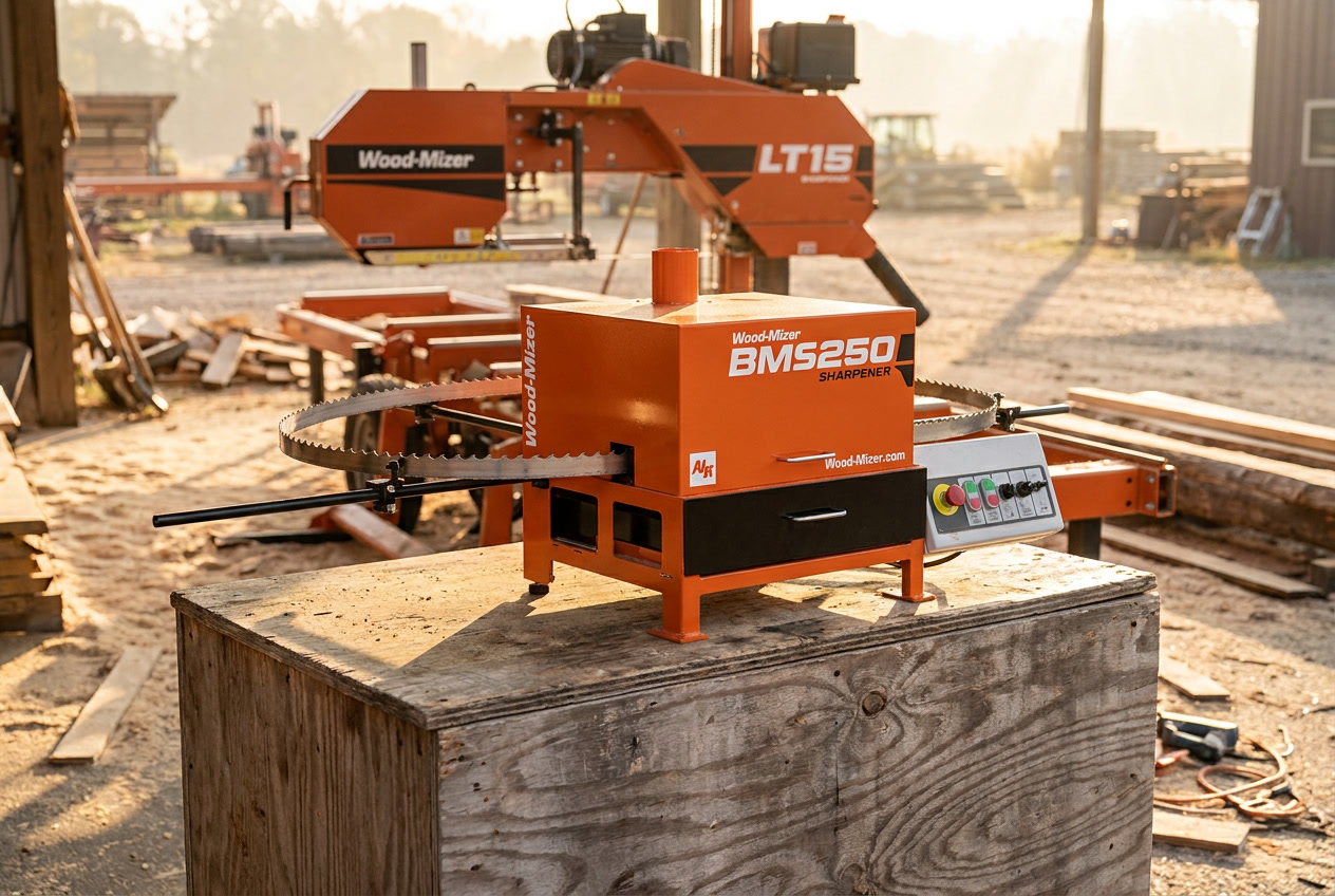 Wood-Mizer BMS250 blade sharpener with a band blade mounted, set up in a sawmill yard beside an LT15