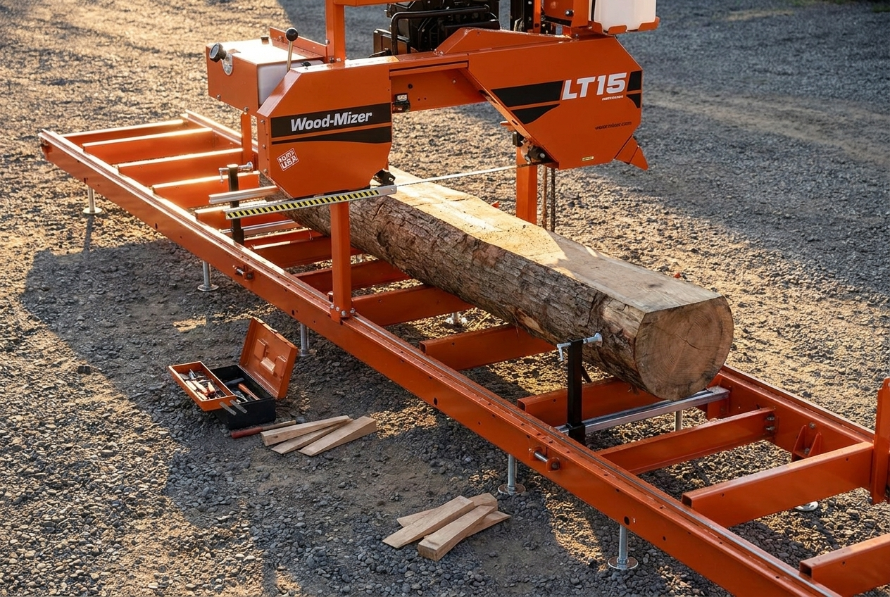 Wood-Mizer LT15 portable sawmill set up level with a hardwood log clamped on the bed ready for the opening cut