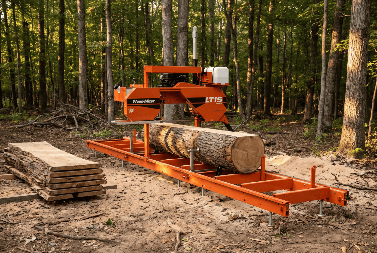 Wood-Mizer LT15 portable sawmill set up level at the edge of a hardwood woodlot with an oak log clamped on the bed