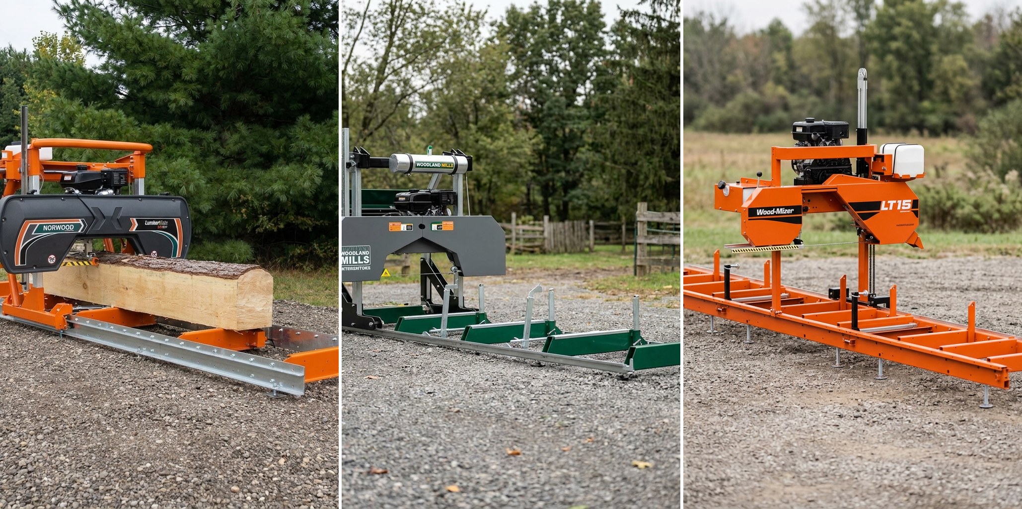 Side-by-side comparison of the Norwood LumberMate LM30, Woodland Mills HM130MAX, and Wood-Mizer LT15 portable sawmills