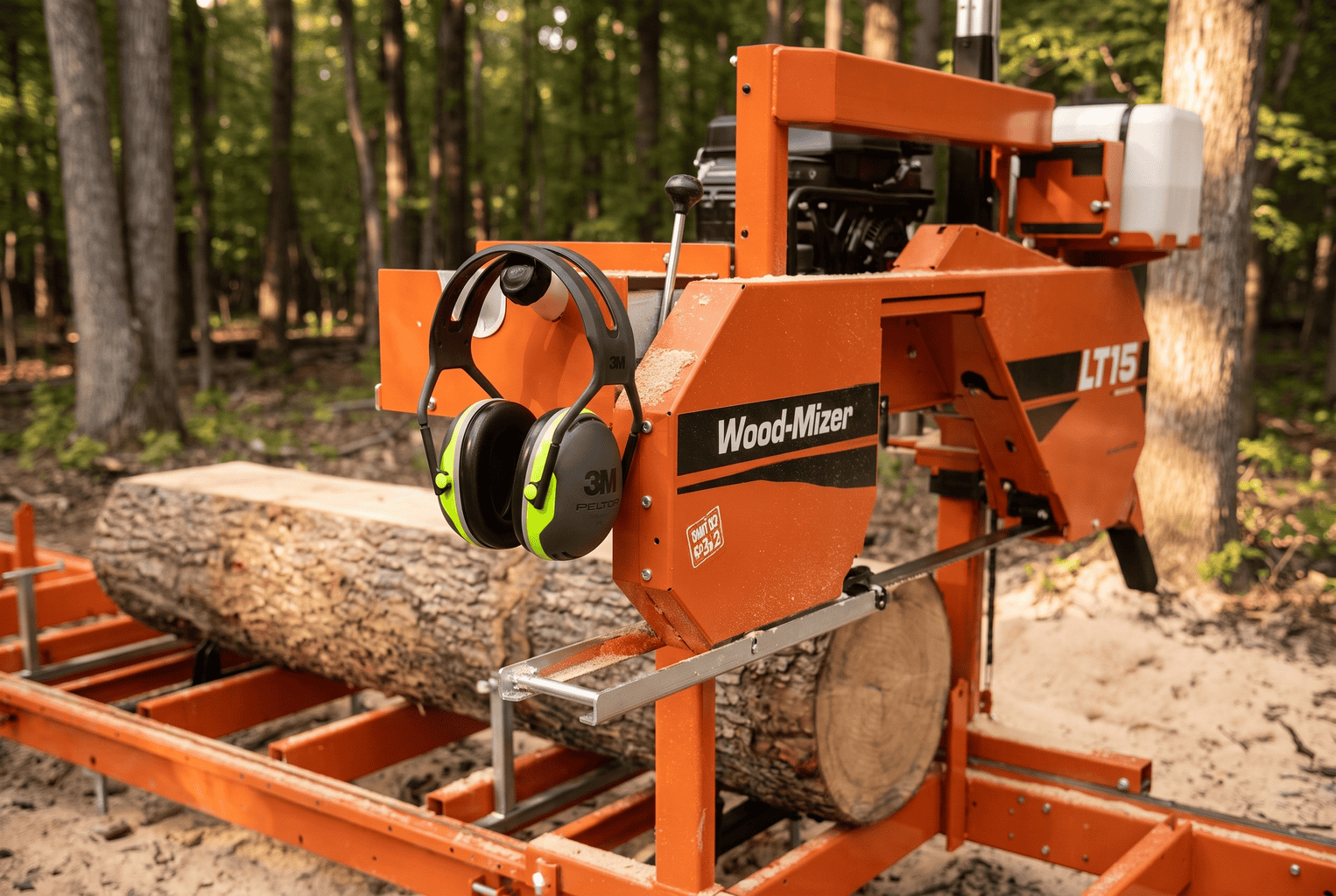 3M Peltor X4A over-the-head earmuffs hanging on the sawhead of a Wood-Mizer LT15 portable sawmill