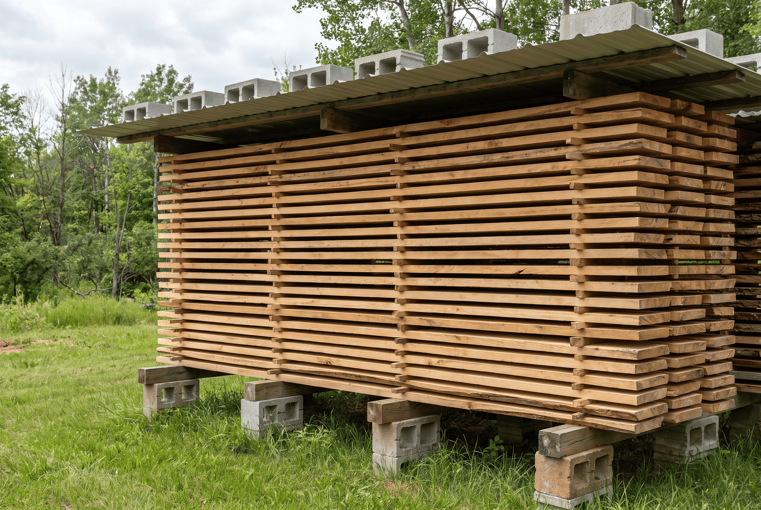 Stickered hardwood lumber stack air-drying outdoors under a corrugated metal roof weighted with cinder blocks, sides fully open