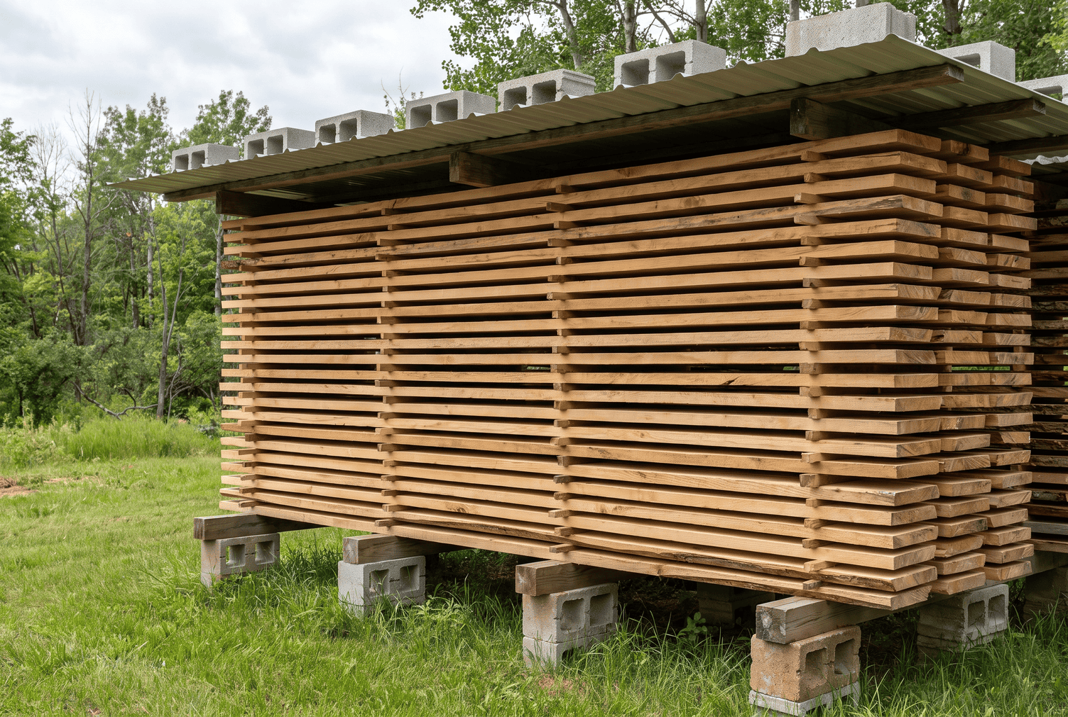 Stickered hardwood lumber stack air-drying outdoors under a corrugated metal roof weighted with cinder blocks, sides fully open