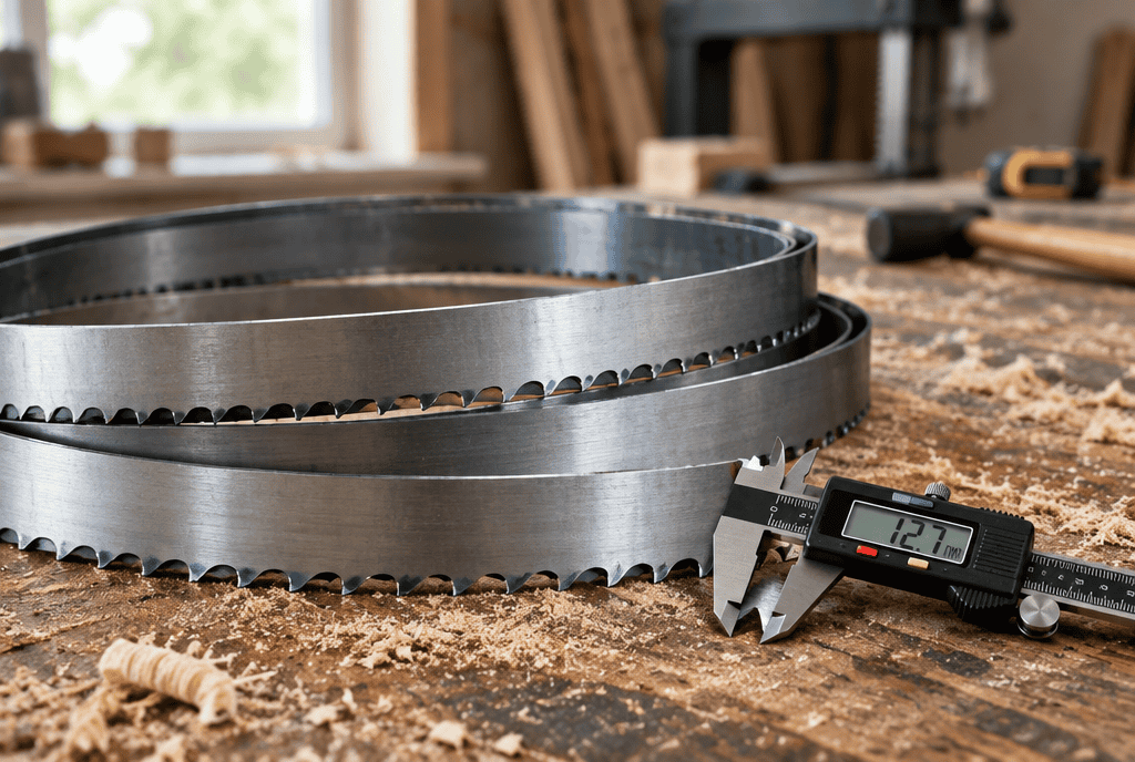 Coiled bandsaw mill blades on a workbench beside a digital caliper, showing teeth cut along one edge only