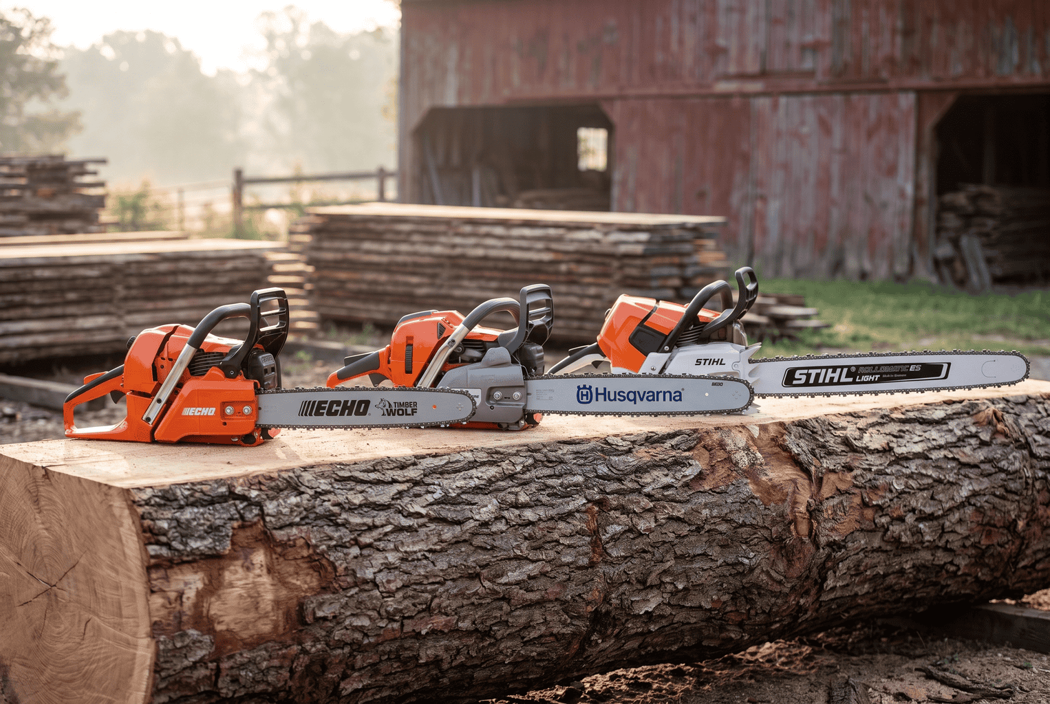 Three milling-class chainsaws lined up small to large on a fresh-cut oak log: Echo CS-590 Timber Wolf (60cc), Husqvarna 572 XP (70cc), Stihl MS 661 (90cc)