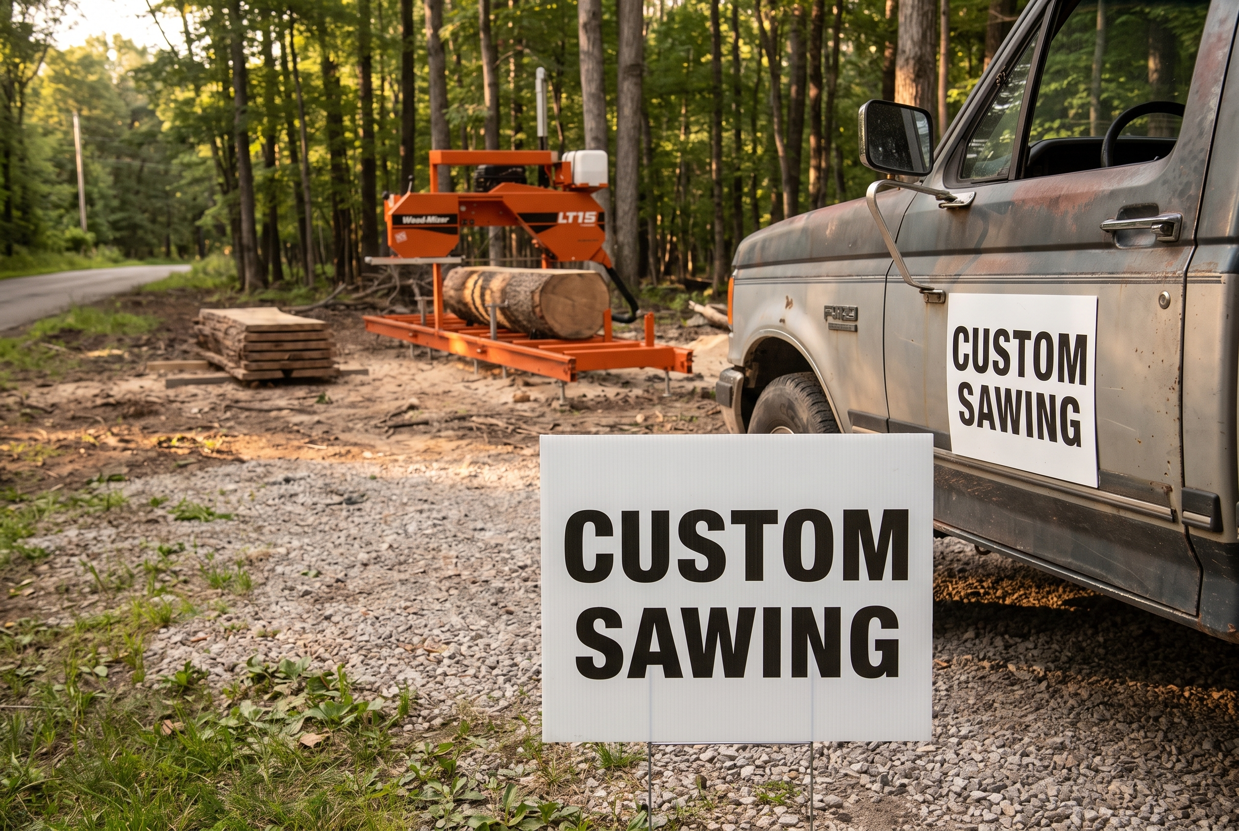 Custom Sawing yard sign and matching pickup door magnet at the end of a driveway with a Wood-Mizer LT15 portable sawmill and a lumber stack behind