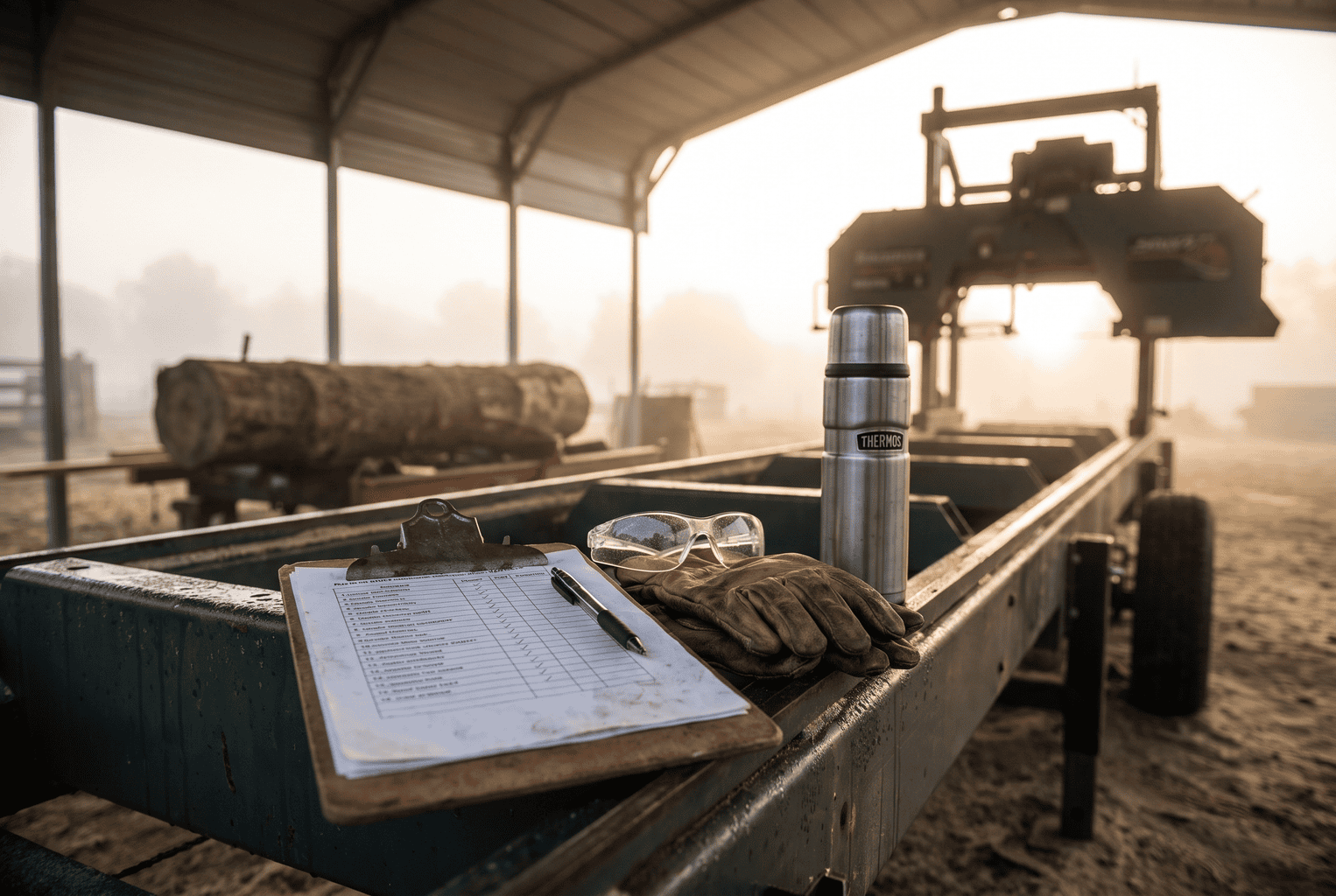 Clipboard with a daily safety checklist, work gloves, safety glasses and a thermos on the bed of a portable bandsaw mill at dawn