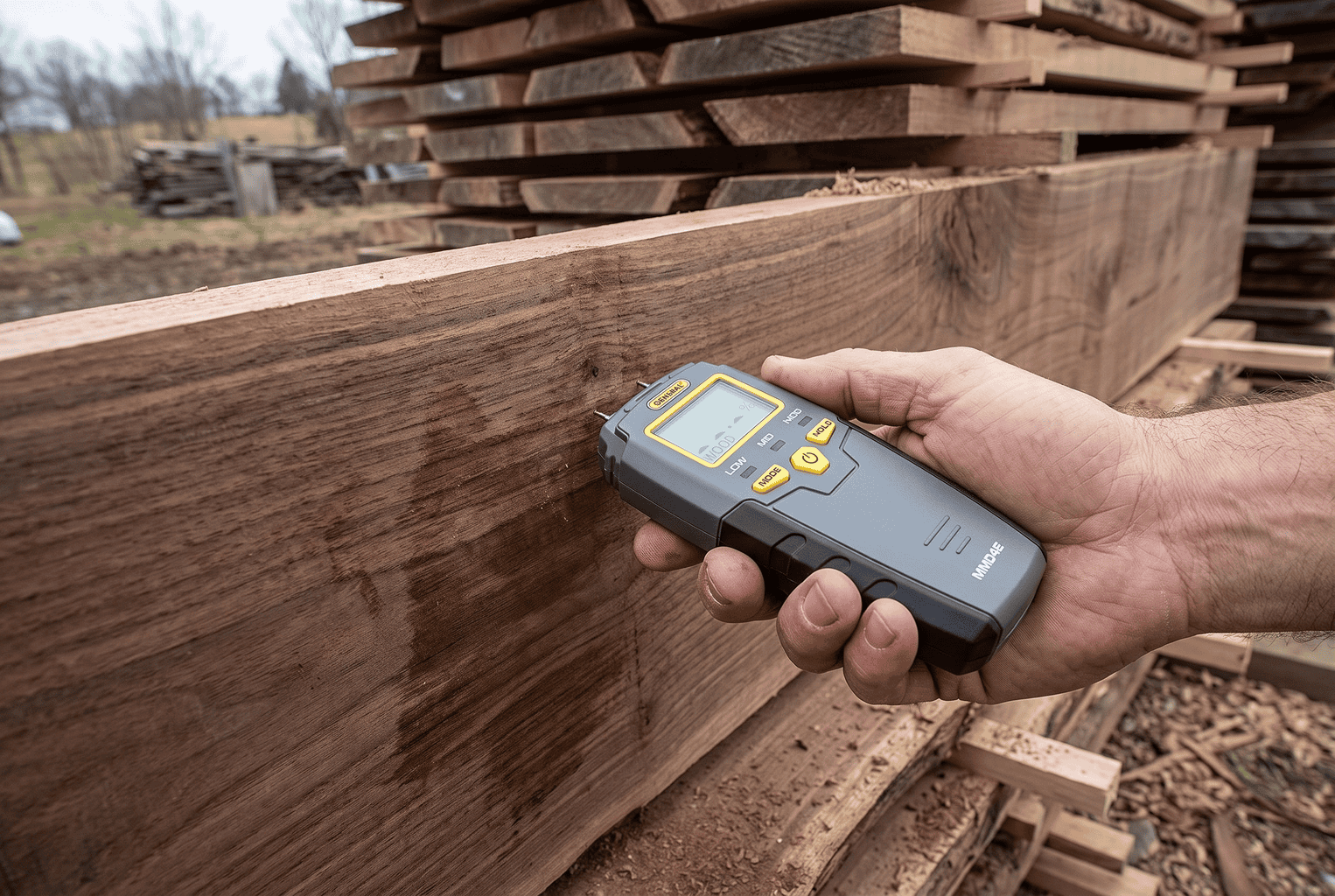 General Tools MMD4E pin moisture meter held against a fresh-sawn board beside a stickered air-drying lumber stack