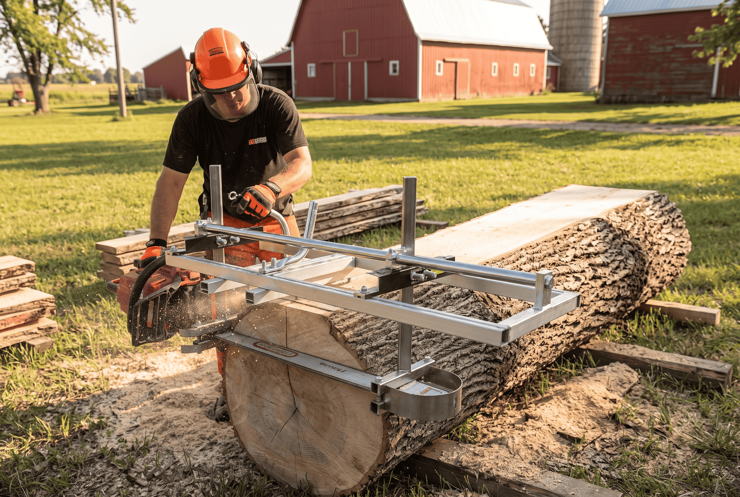 Operator starting a slabbing cut with a Granberg Alaskan MKIV chainsaw mill, the bar spanning the full width of a large oak log in a farm sawmill yard