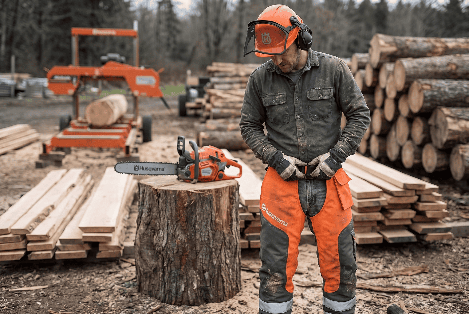 Sawyer fastening Husqvarna Technical Apron Wrap chainsaw chaps and wearing a Husqvarna Pro Forest helmet with mesh visor and earmuffs, chainsaw idle on a stump