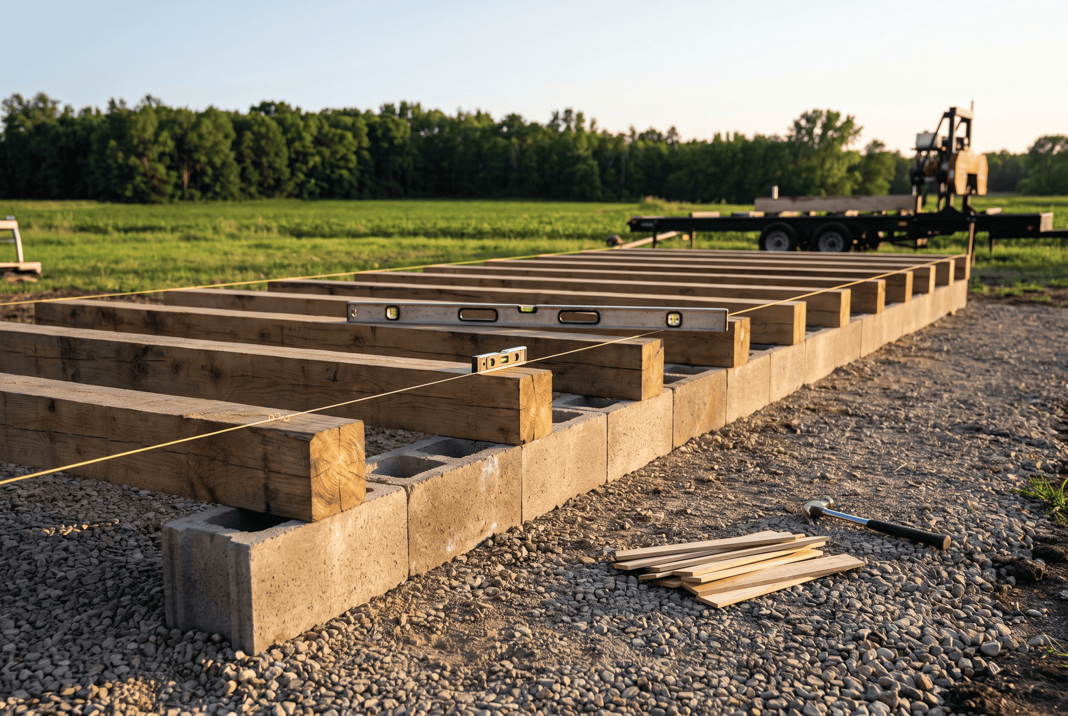 Level foundation for an air-drying lumber stack: 4x4 bunks on concrete blocks over gravel, string line and box level, about 18 inches off the ground