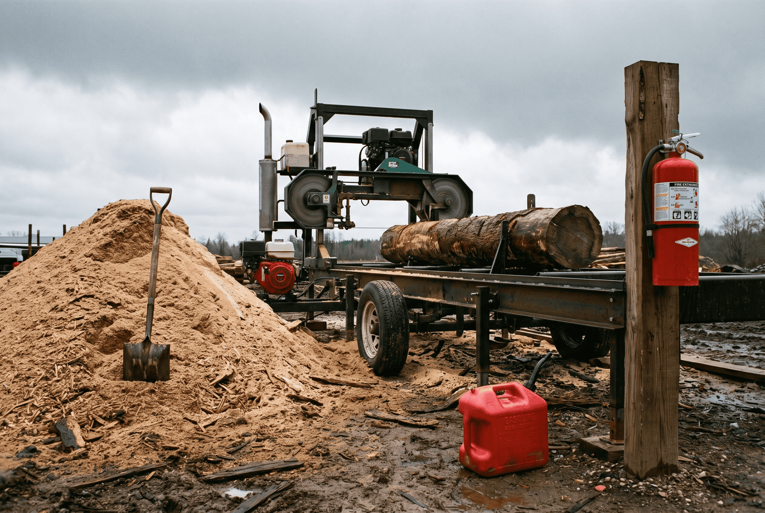 Fire extinguisher mounted on a post beside a portable bandsaw mill, gas can set well away from the engine, sawdust pile shoveled clear