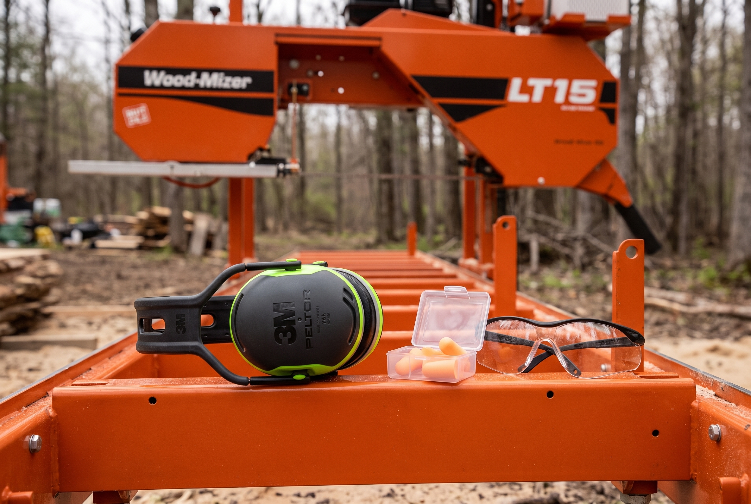 3M Peltor X4A earmuffs, foam earplugs and safety glasses laid on the bed rail of a Wood-Mizer LT15 portable sawmill