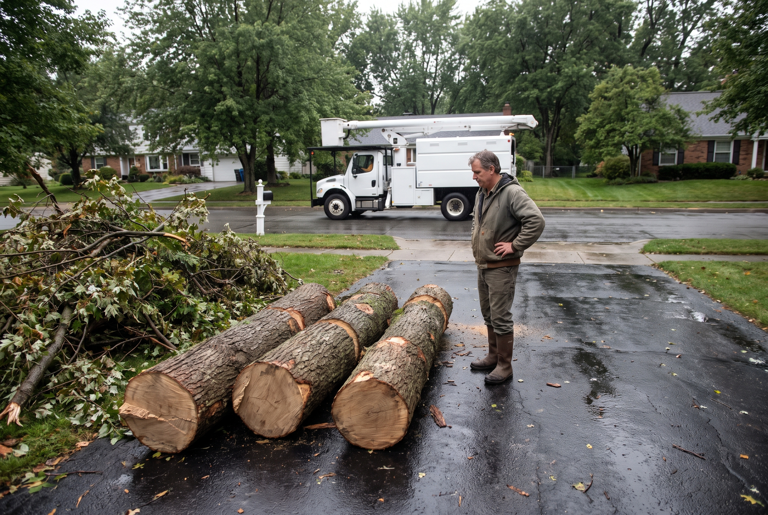 Storm-downed maple trunk bucked into logs along a suburban driveway with the homeowner looking at them as the tree service truck leaves
