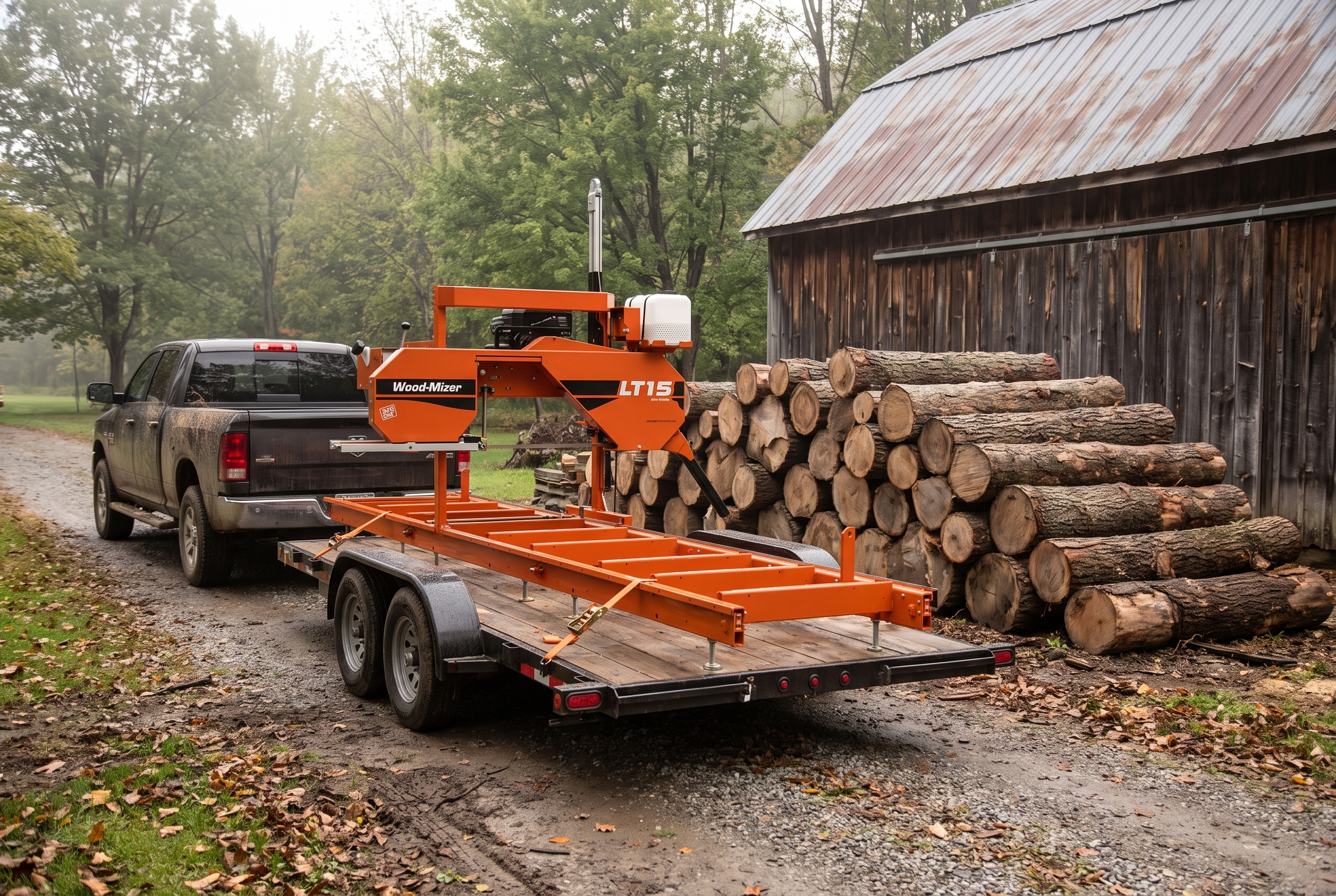 Wood-Mizer LT15 portable sawmill strapped to a flatbed trailer behind a pickup, backed up to a pile of hardwood logs beside a barn