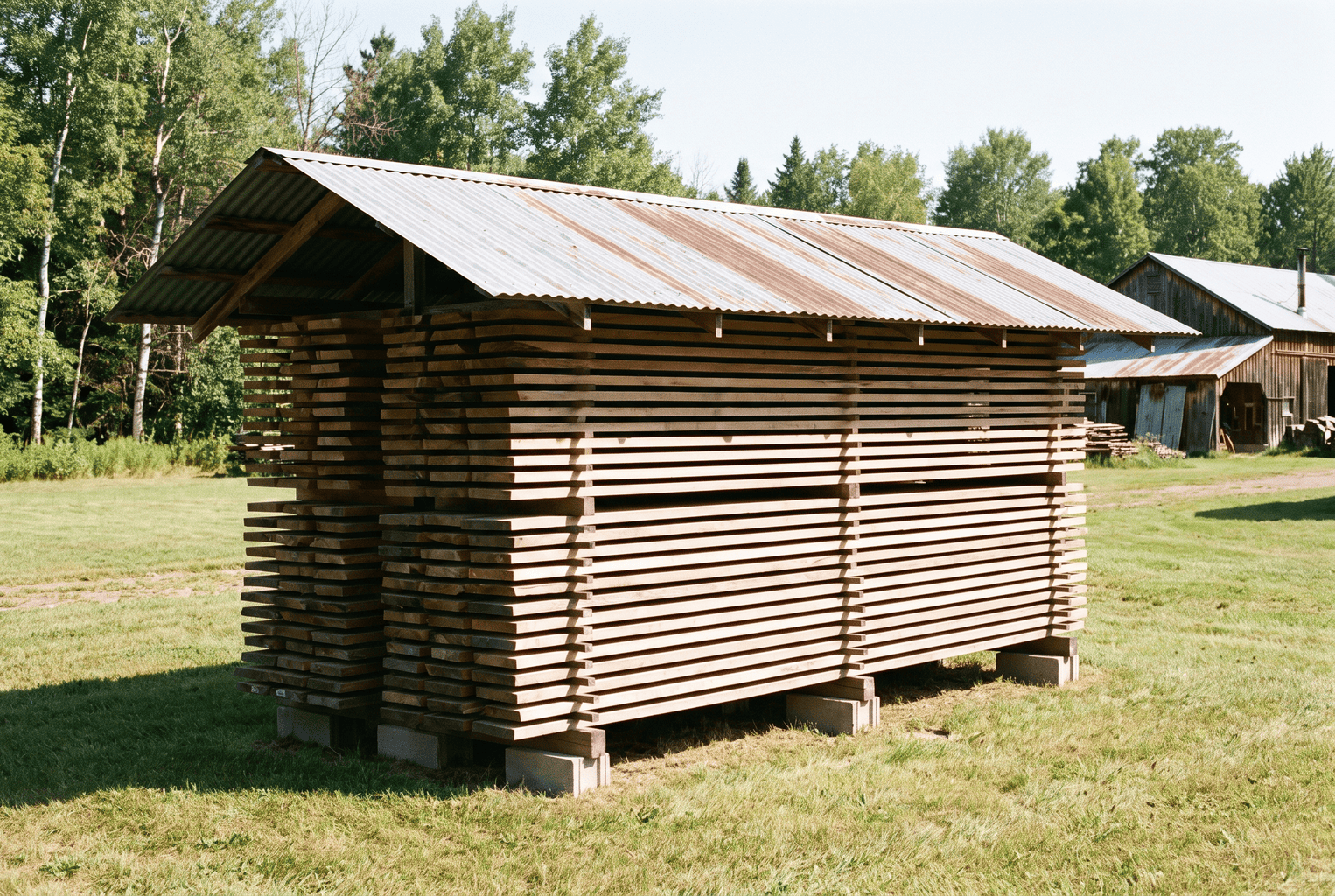 Stickered hardwood lumber stack air-drying on concrete blocks under a pitched metal roof with open sides in a sawmill yard